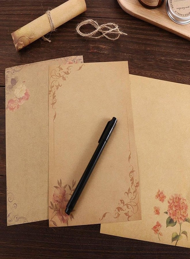 OFIFO® Vintage Letter Writing Paper Sheets, 48 Pcs Floral Decorative Retro Stationery, 8 Designs, Antique Yellowish Craft Papers for Invitations, Scrapbooking, Handmade Notes, Journaling, 8.26x5.7in - Image 4
